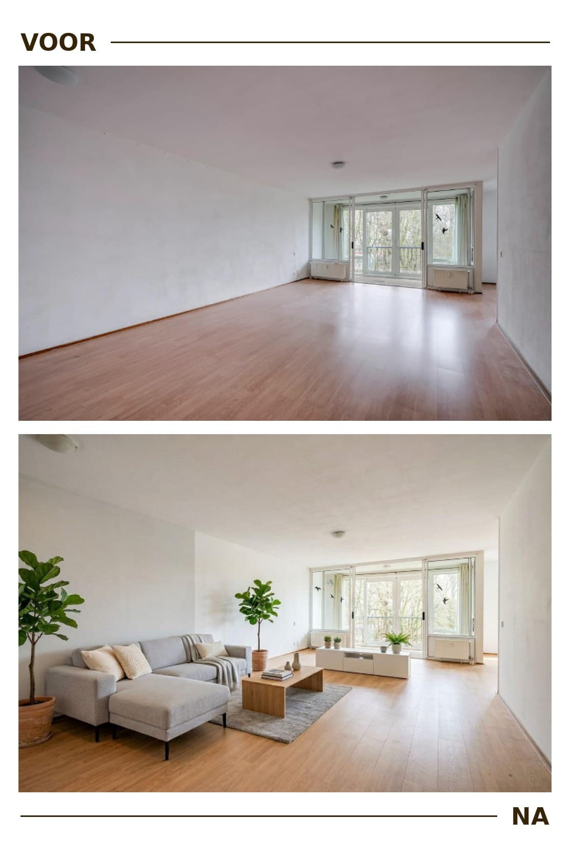 Voor en na: een leeg appartement met houten vloer, na virtuele styling ingericht met een lichtgrijze hoekbank, planten en een salontafel.