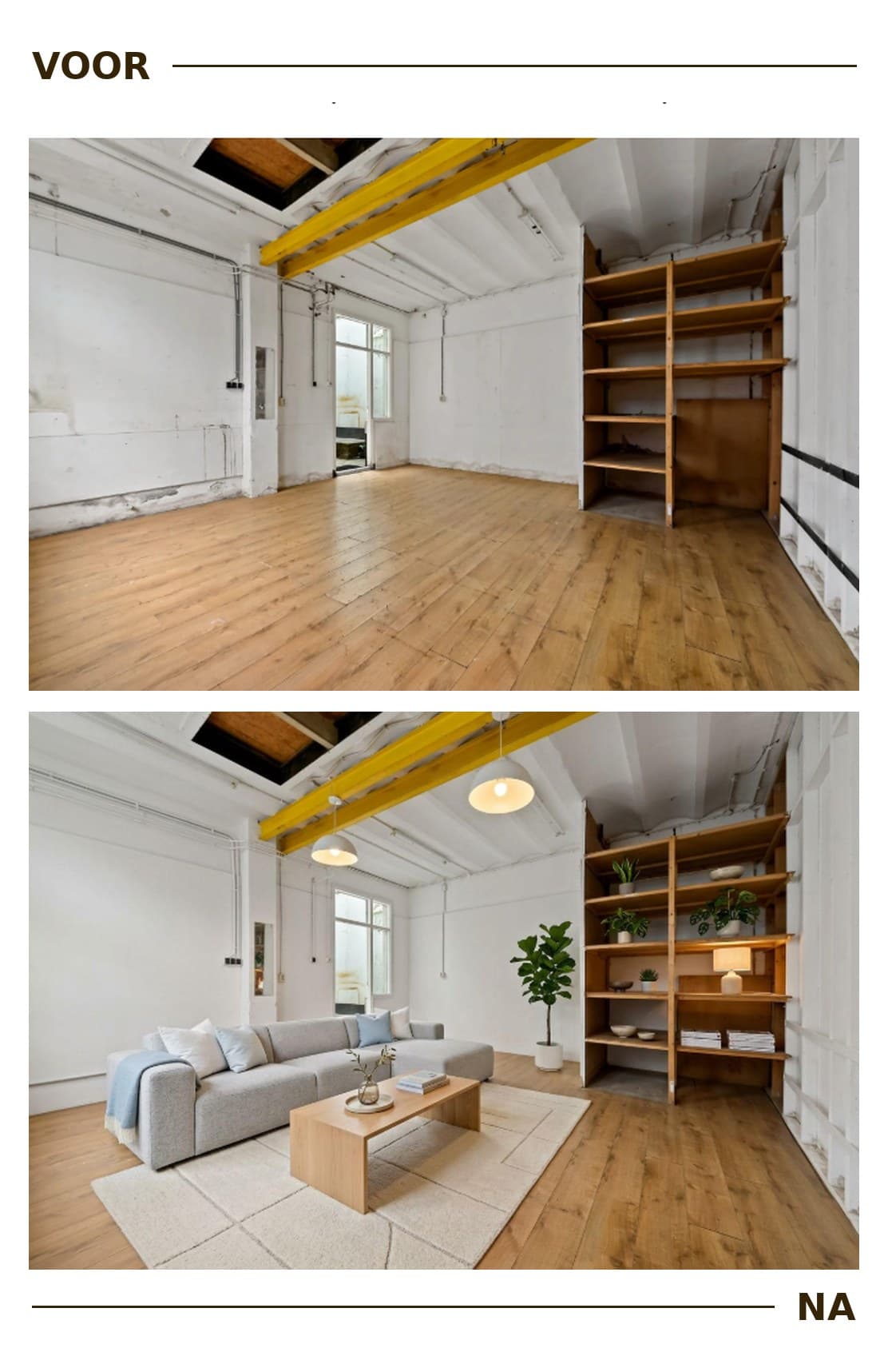 Voor en na: een industriële loft met gele stalen balk en houten wandkast, na virtuele styling ingericht met een grijze bank, vloerkleed en planten.
