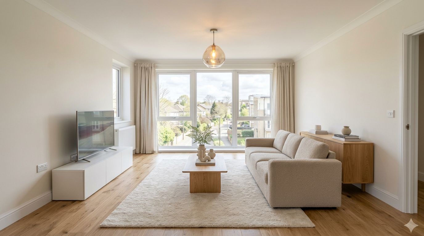 Ingerichte woonkamer met bank, salontafel en hanglamp